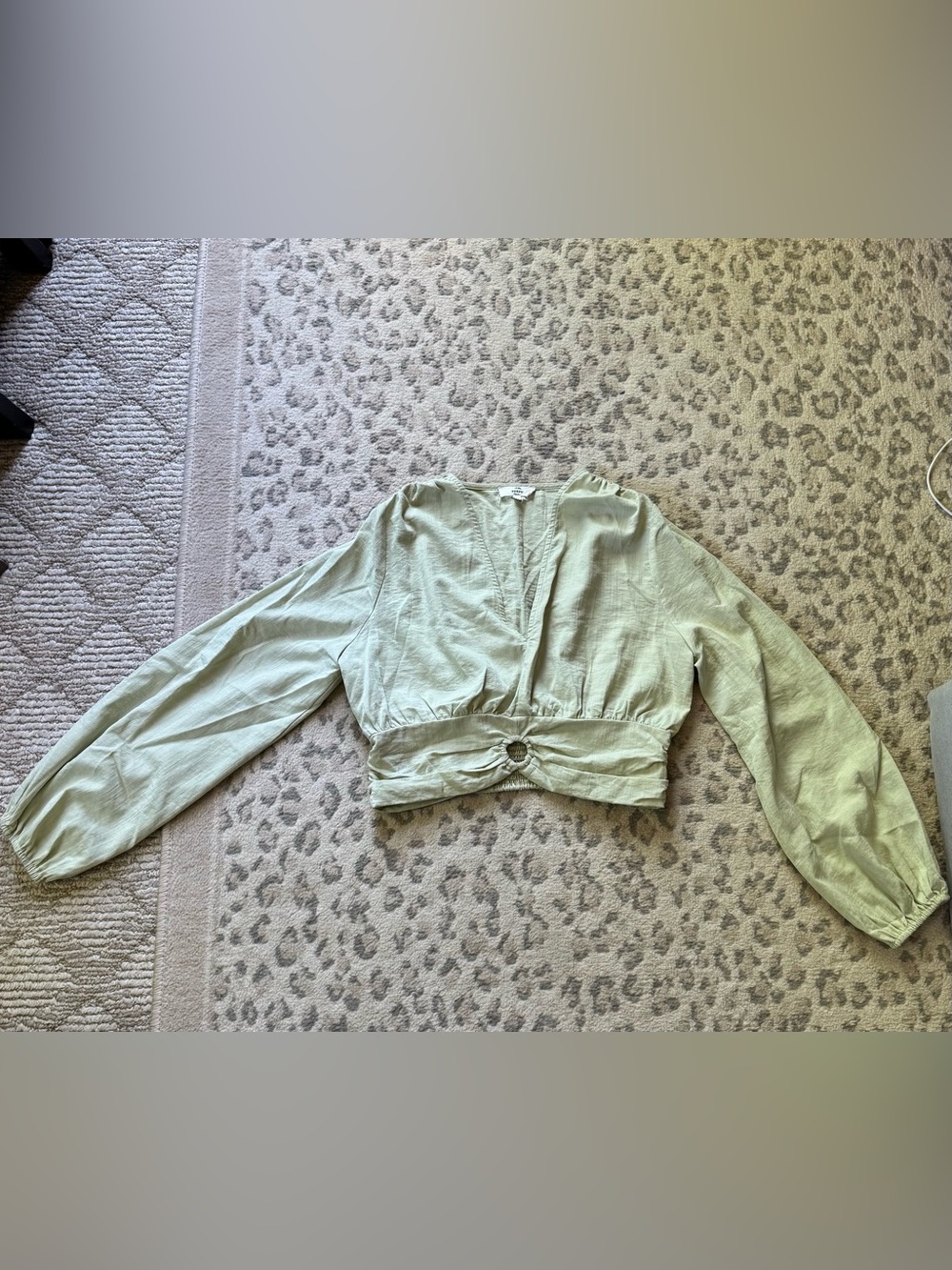 entro Sage Green Long Sleeve Cropped Blouse with Ring Detail